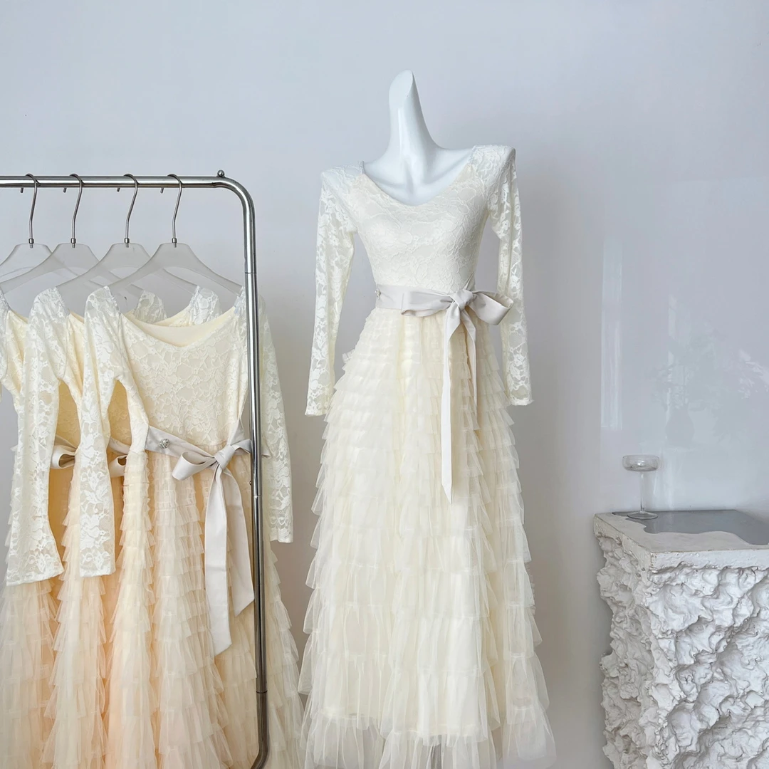 【粉荔漫舞】2025秋季新款复古法式气质蕾丝蓬松蛋糕裙摆连衣裙加绒