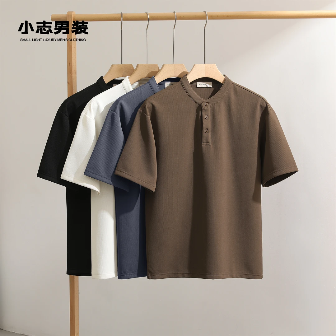 2025高级感华夫格短袖T恤男款夏季亨利领痞帅上衣百搭休闲体恤衫