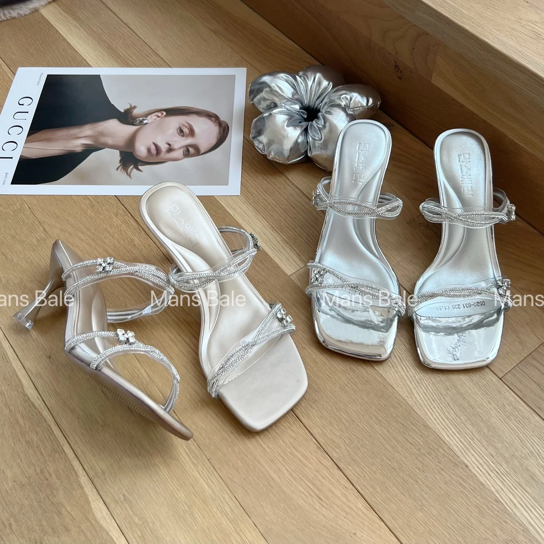 法式水钻高跟凉鞋女夏季细跟气质名媛一字带外穿拖鞋子0520-831