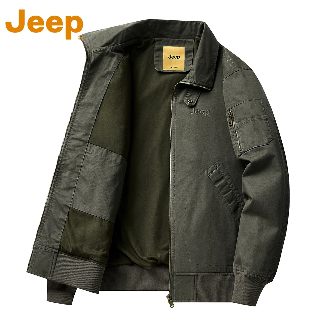 JEEP吉普军绿色哈灵顿夹克男款春秋季纯棉宽松休闲立领工装风外套