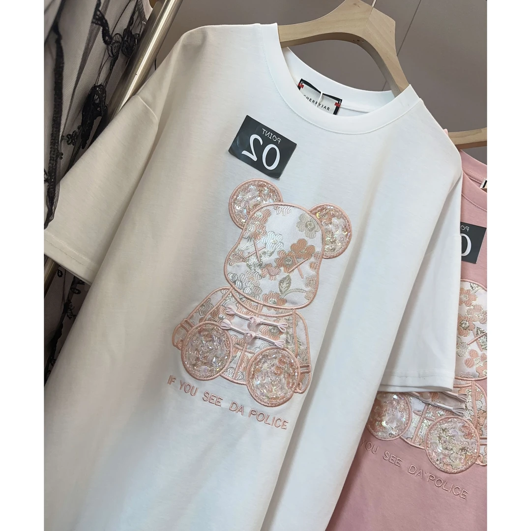 Cherryjar【6026】时尚针织奶茶色卡通贴布刺绣亮片点缀T恤夏季