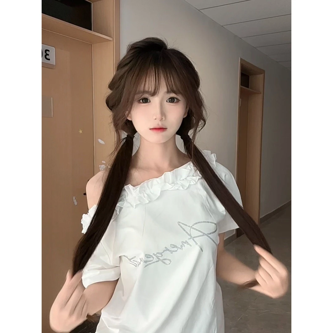 韩系甜辣妹花边斜肩短袖t恤女夏季新款露肩性感显瘦烫钻字母上衣