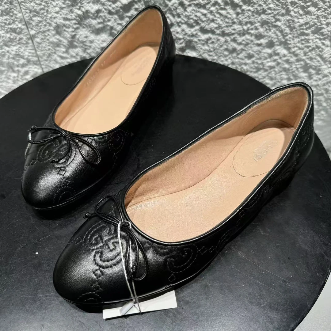 95新 GUCCI/古驰 37码/仔仔女鞋/黑色格纹蝴蝶结女士平底单鞋1337
