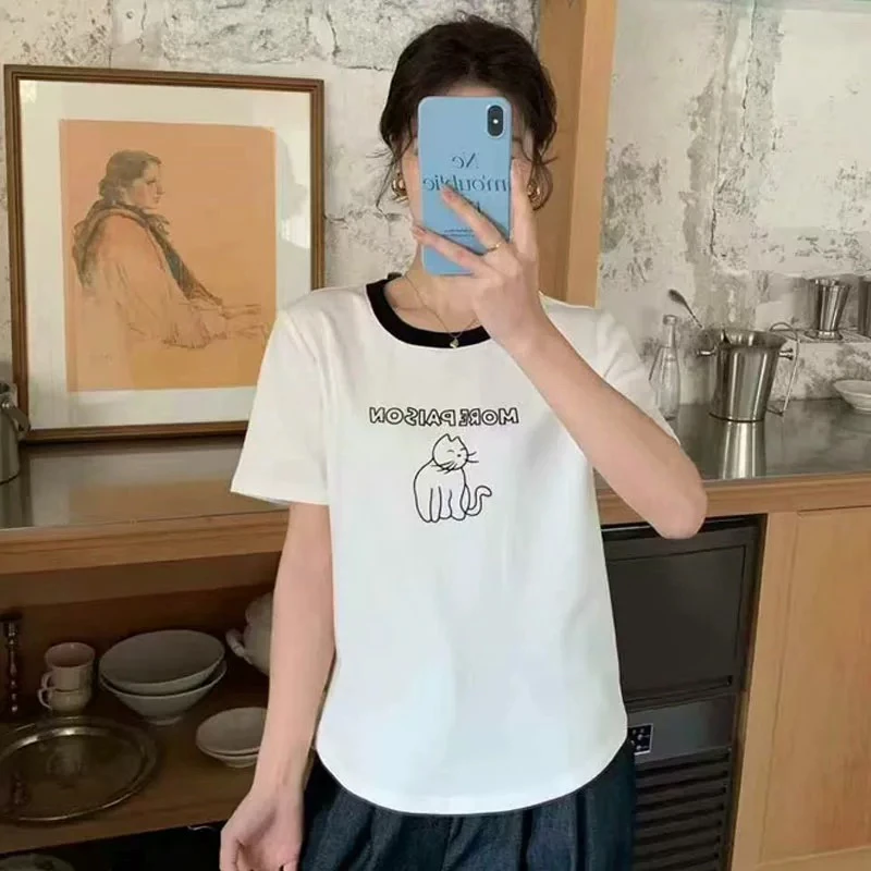 T恤轻职风高腰纯色显瘦白色修身型百搭圆领短款夏季短袖