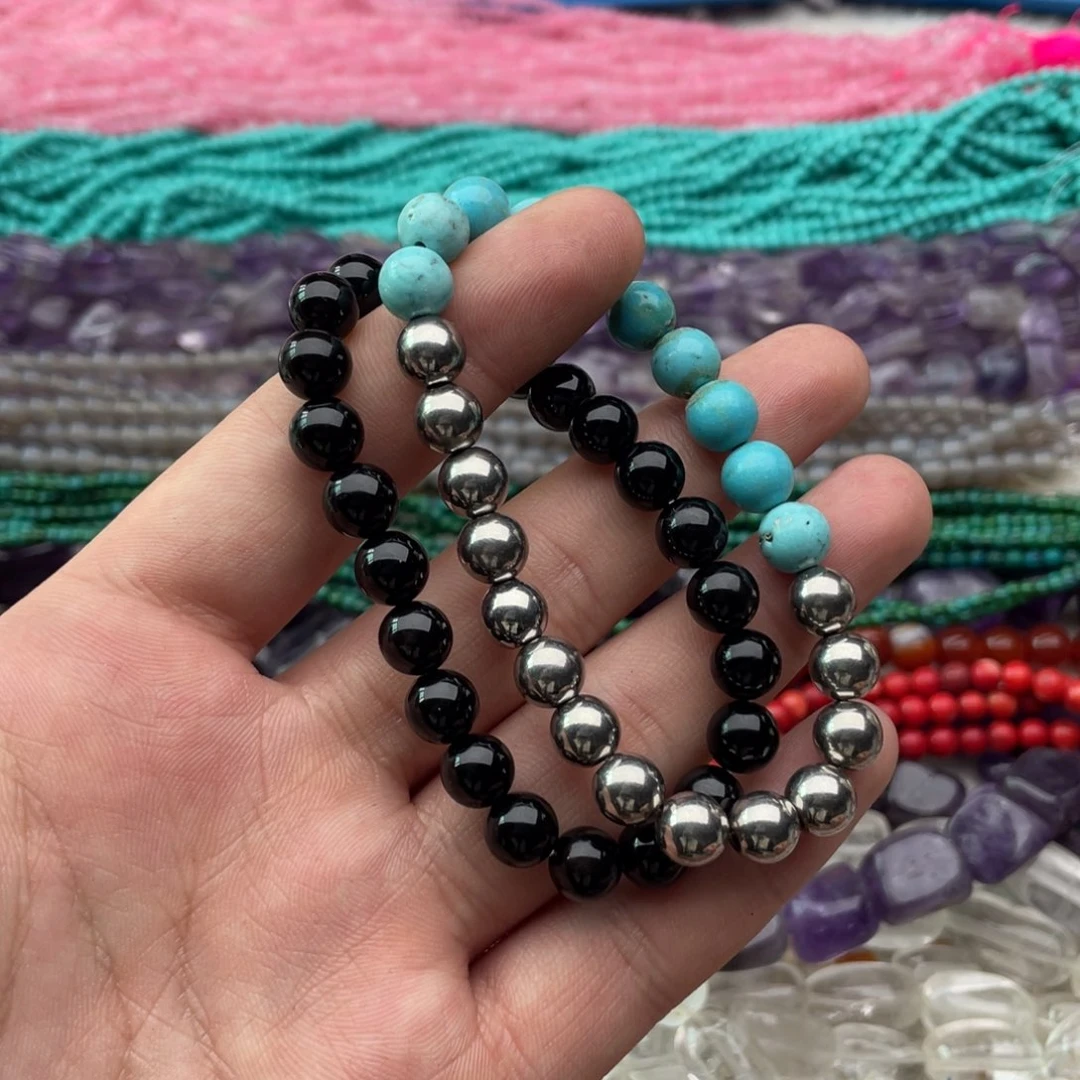 玛瑙/玉髓珠宝半成品未镶嵌两条装卡8手串黑玛瑙➕太赫兹松松