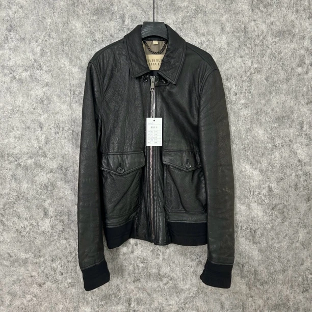 95新 BURBERRY/博柏利 黑灰色皮衣外套