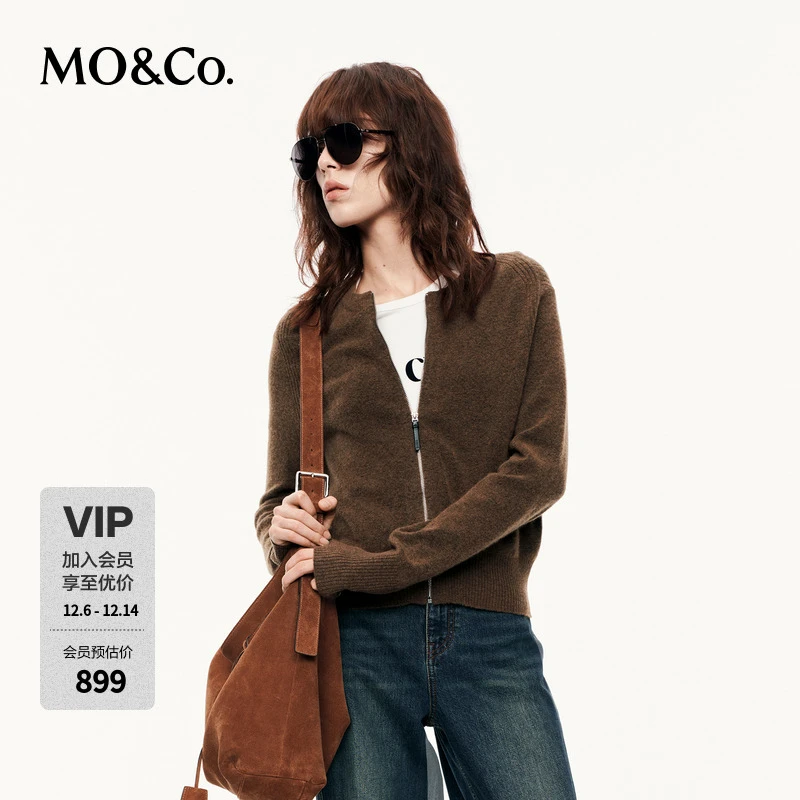 MOCO针织开衫2025秋新品含绵羊毛圆领金属拉链短款简法MBE3CART01