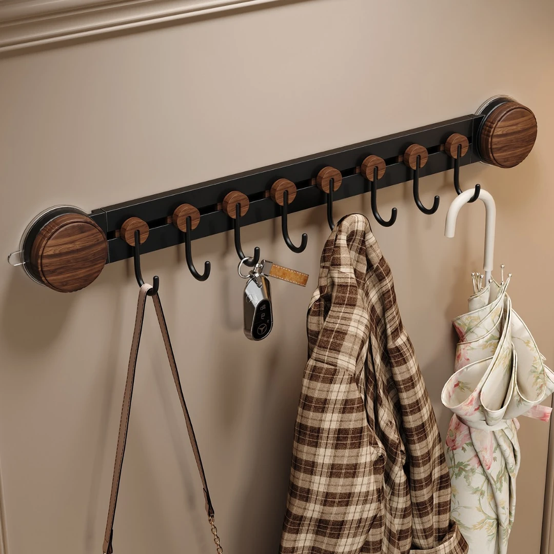 中古风胡桃木色吸盘挂钩一排浴室衣架可移动厨房壁挂门后挂衣钩子