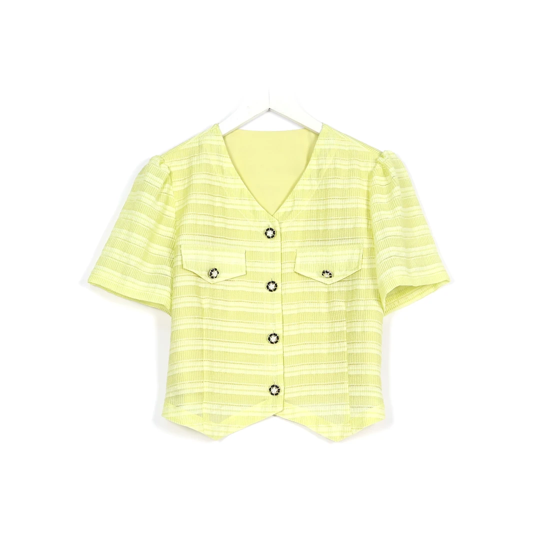 千屿Sheila夏季轻奢短款百搭小香风短袖褶皱衬衫CS/0222-190582