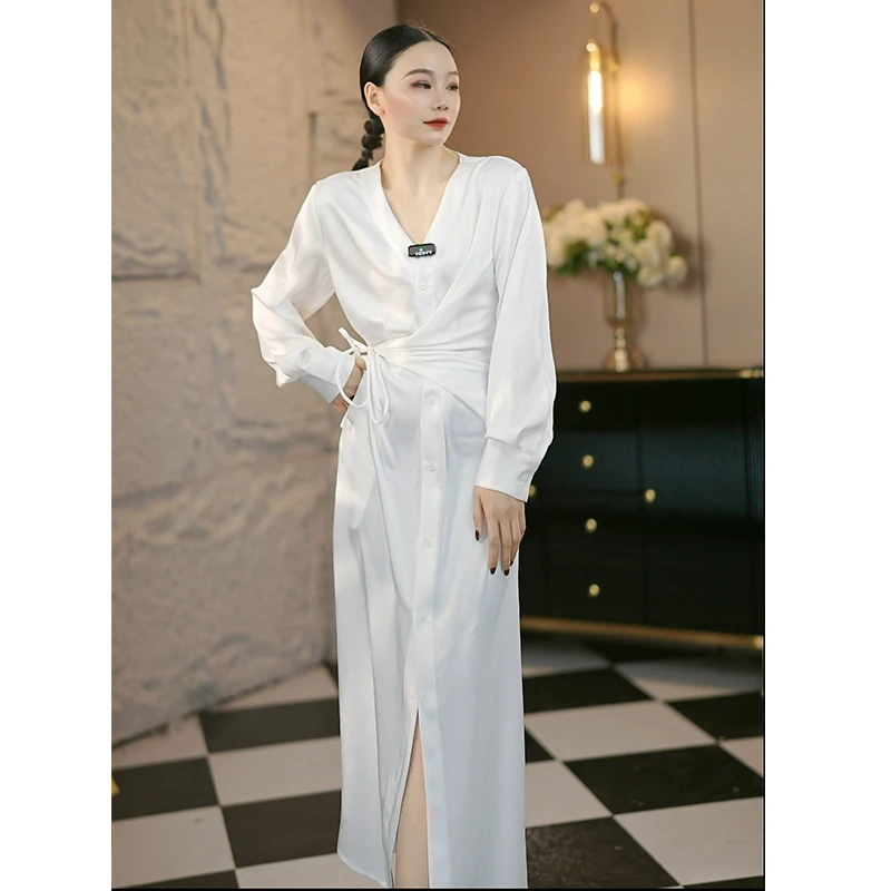 麦子原创设计连衣裙中长款修身白色轻奢法式高级复古气质66777