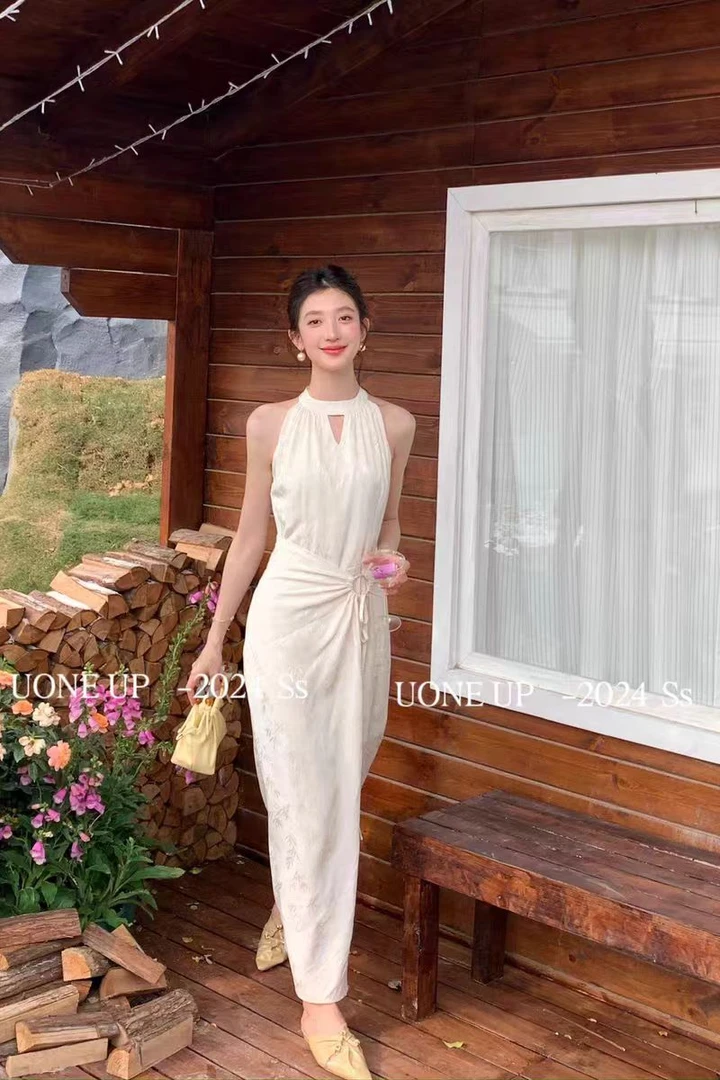 新中式提花收腰显瘦挂脖旗袍裙气质优雅日常连衣裙----5518