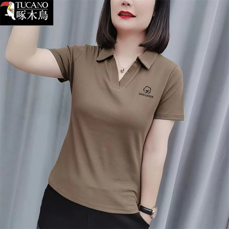 啄木鸟修身显瘦POLO领短袖T恤2025年新款夏季洋气百搭韩版上衣女