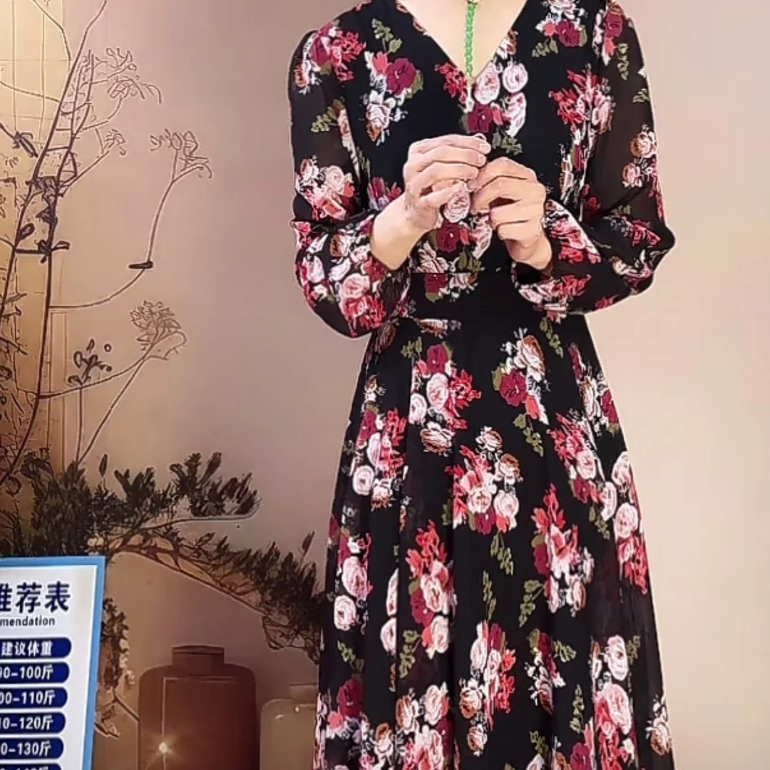 2025春夏修身显瘦印花连衣裙长袖复古气质优雅黑底红花X626-250A
