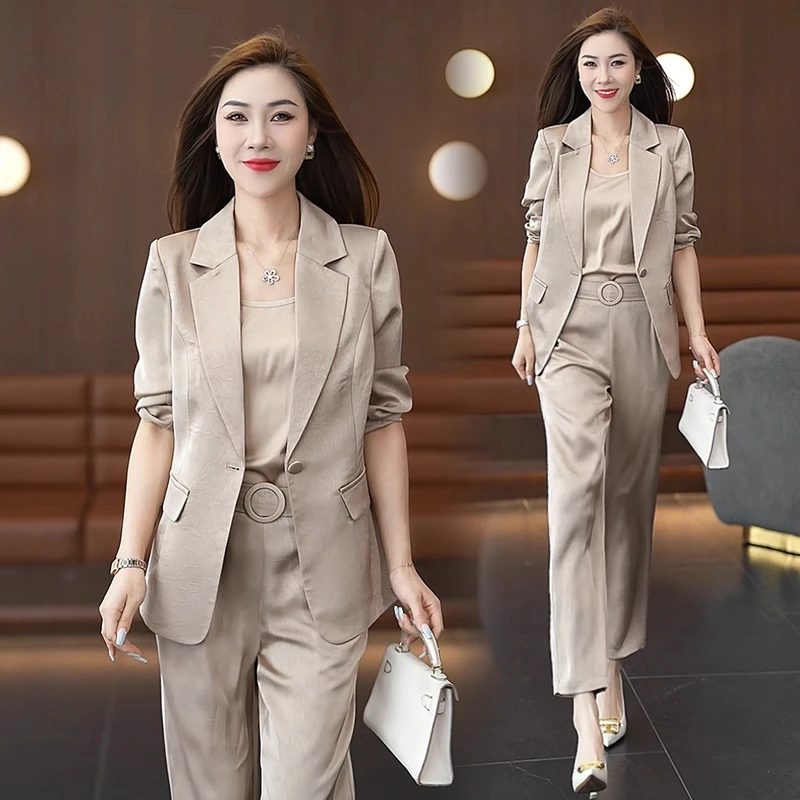 高级感时尚气质小西装套装女秋季新款职业装缎面西服外套三件套潮