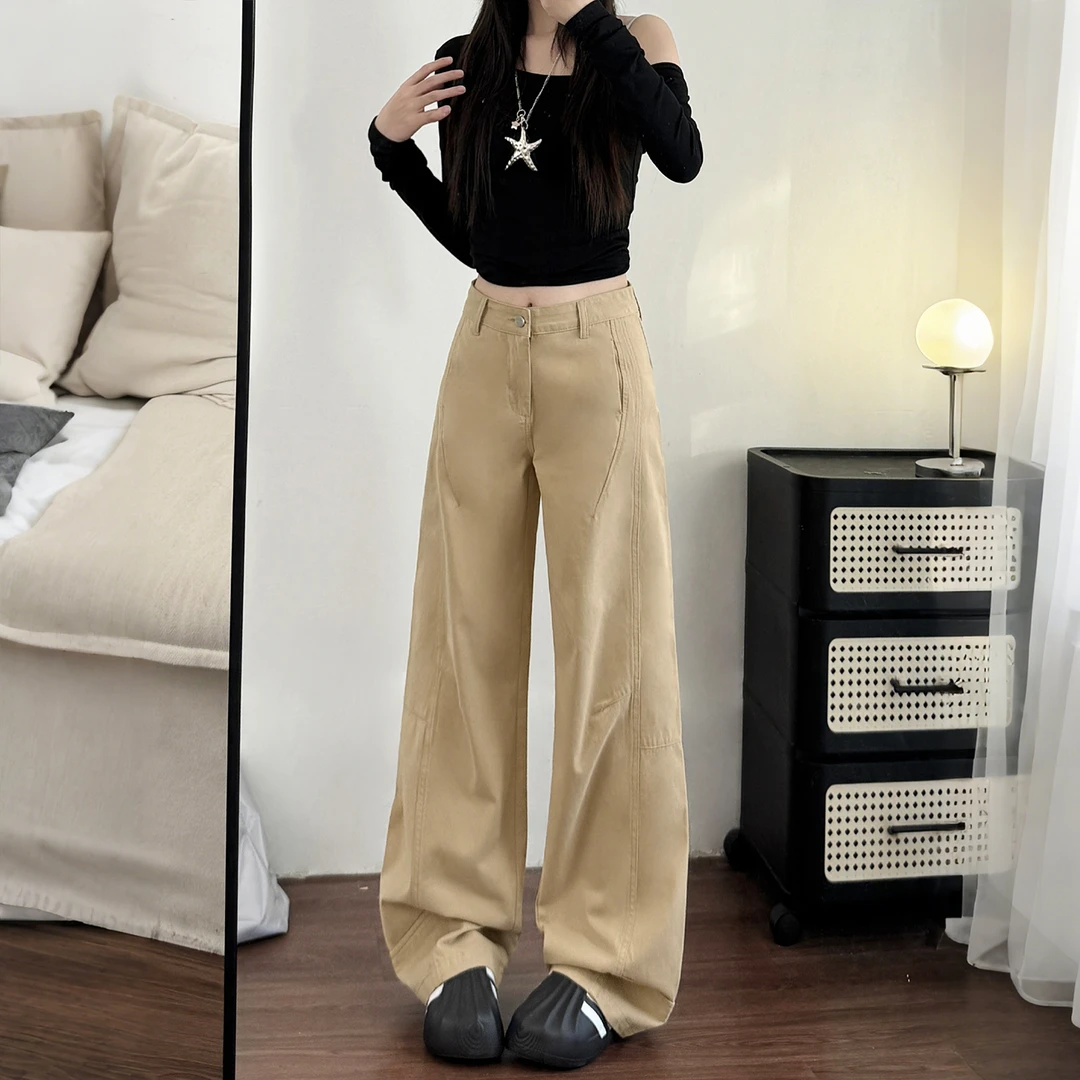 卡其色高腰宽松阔腿牛仔裤女秋季大码梨形身材遮胯显瘦垂感直筒裤
