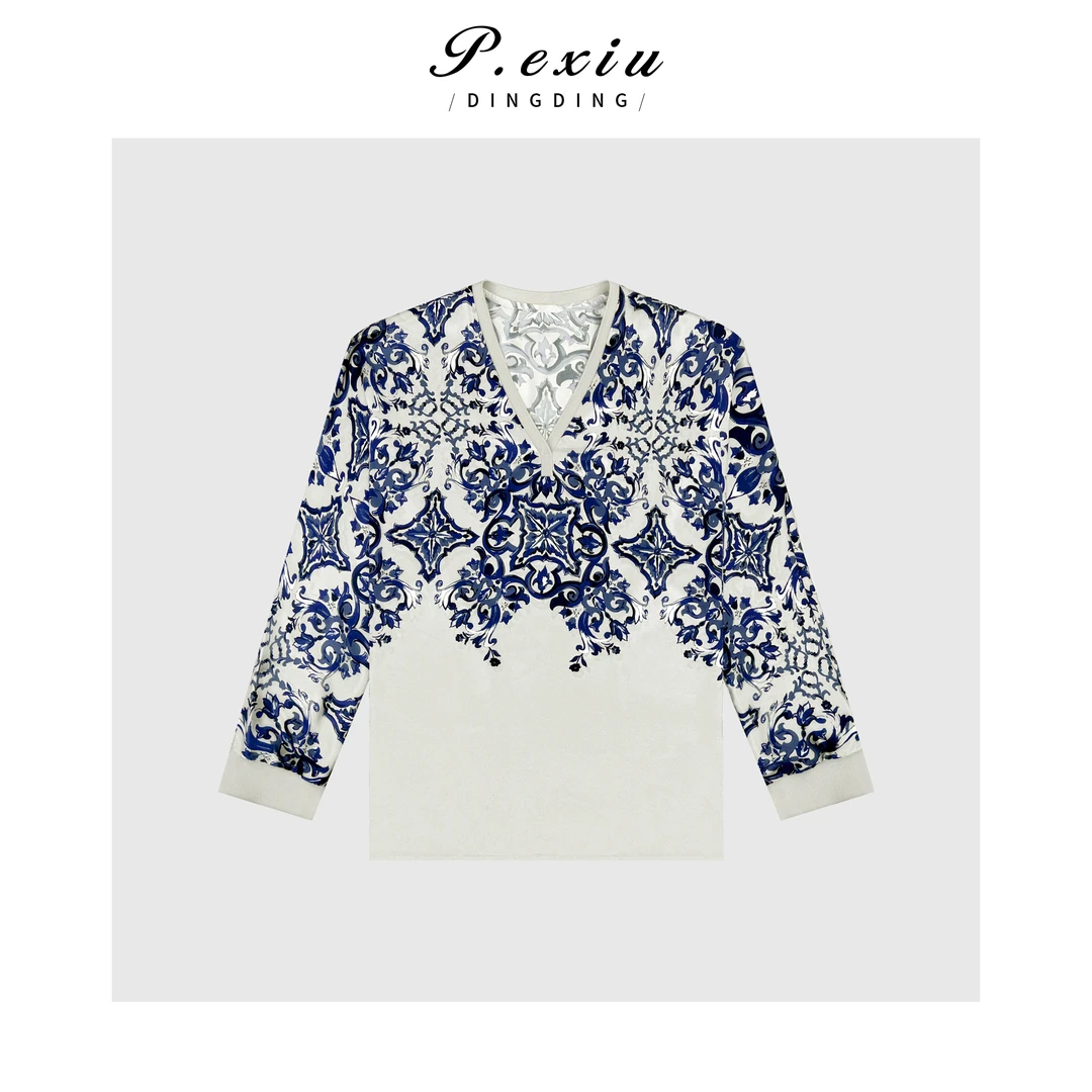 PanYiXiu/潘依绣【青花】100桑蚕丝国风青花瓷气质长袖衬衫 W-63189