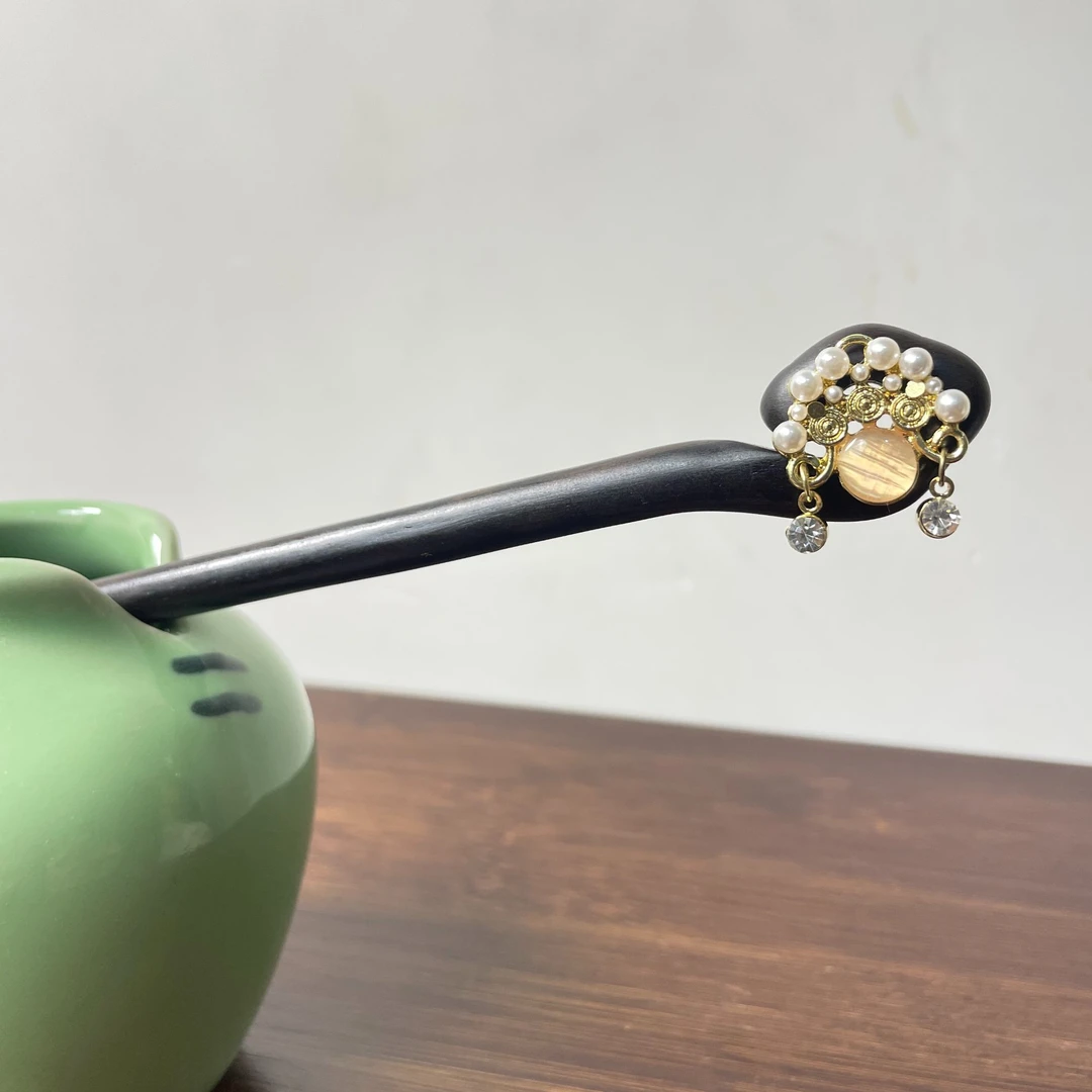 15厘米黑檀木发簪精致盘发簪子猫眼石刀马旦流苏发簪日常盘发簪