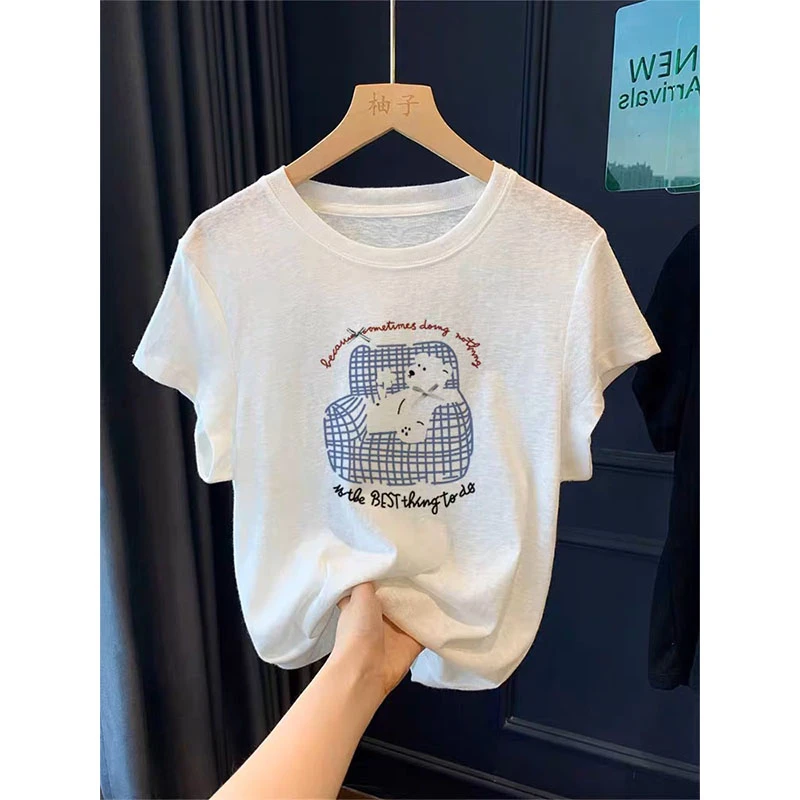 不撞款优质雪花棉圆领短袖t恤女日常可外穿洋气时尚百搭白色简约