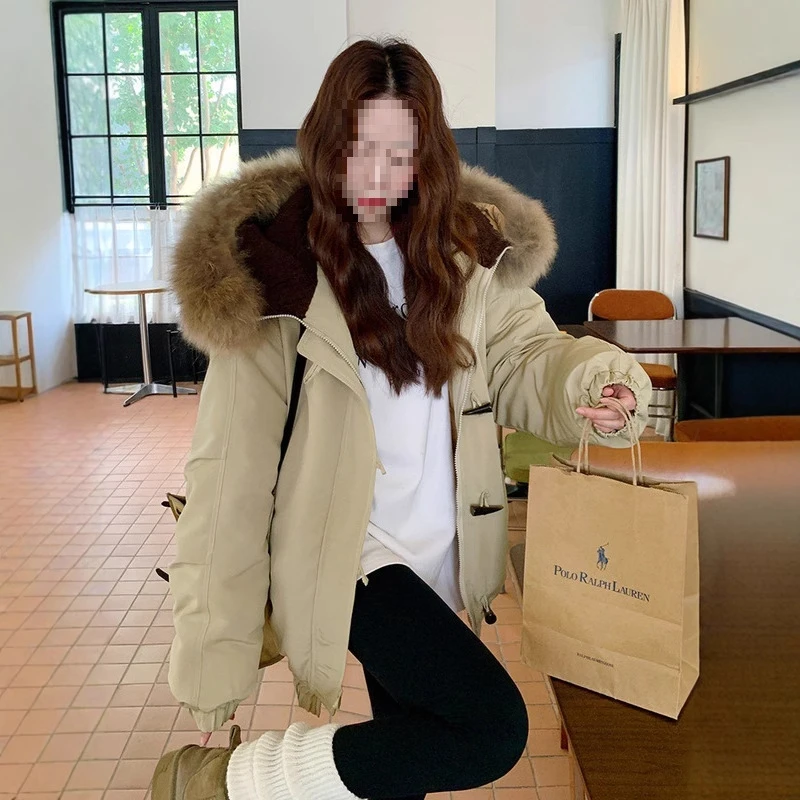 牛角扣大毛领连帽棉服外套女中长款冬季韩国小个子加厚派克服