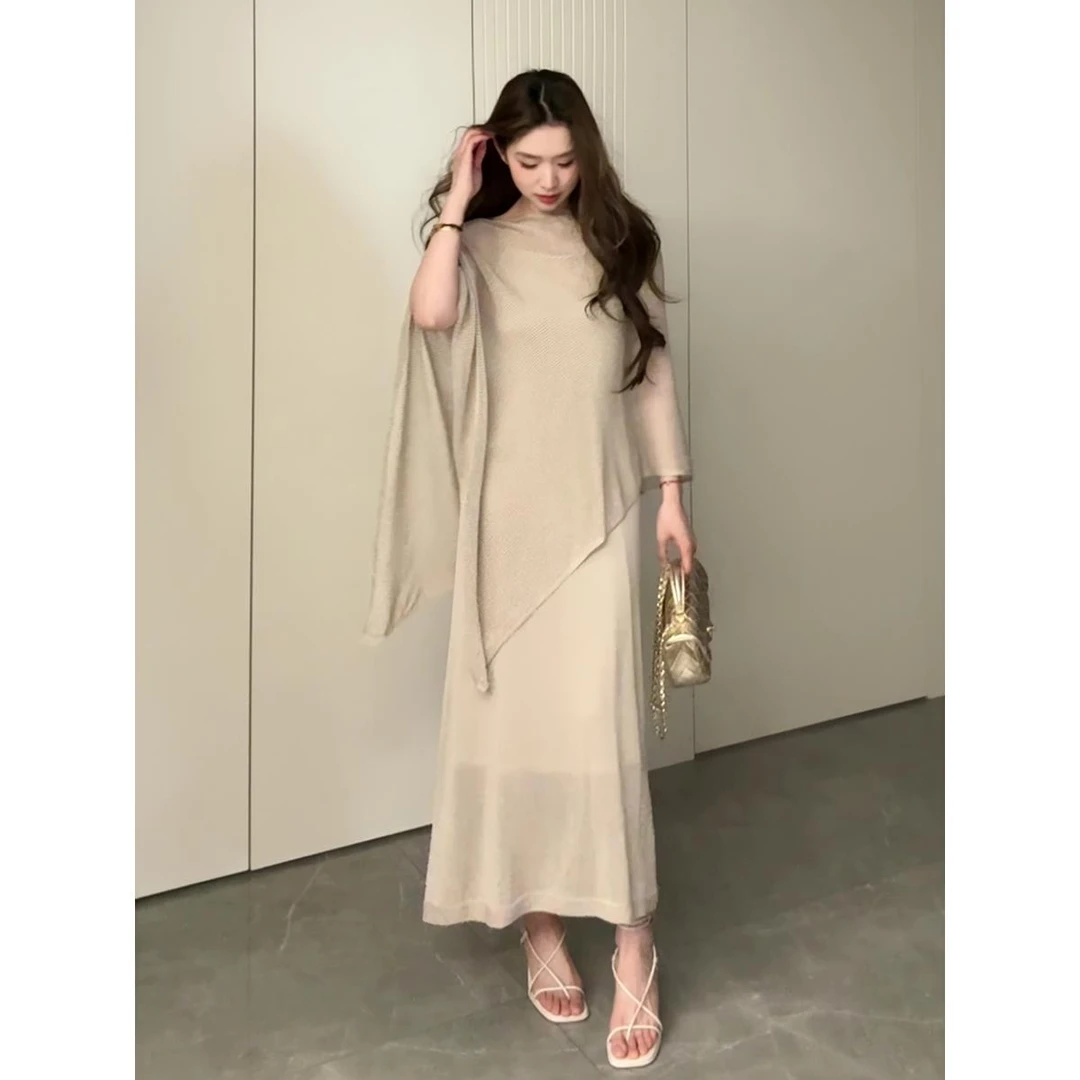 VOCKOO官方2025早春贵气江南姐姐温柔气质针织斗篷小衫+吊带连衣