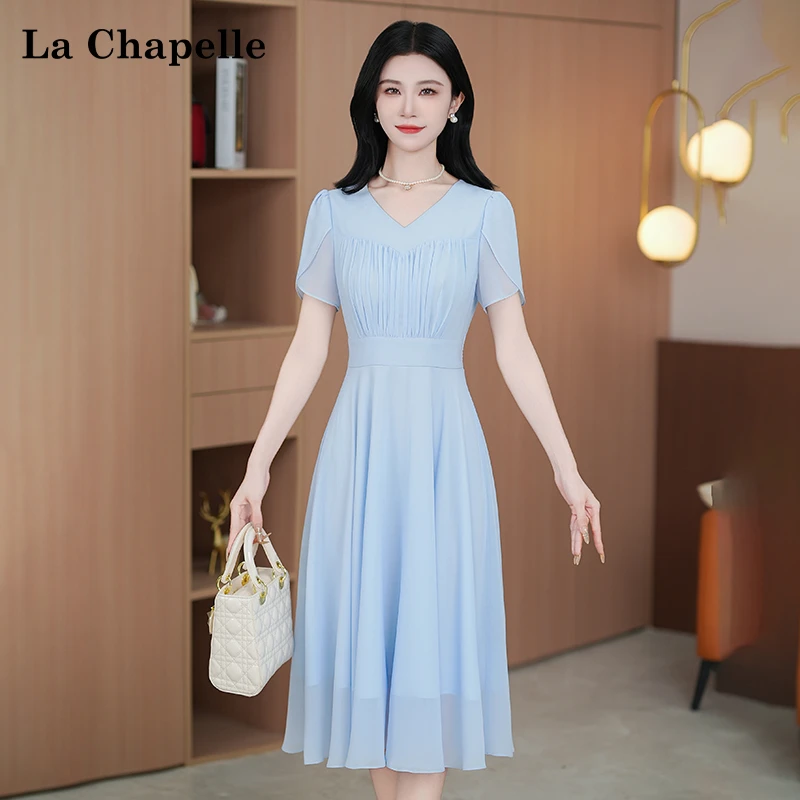 【拉夏贝尔】夏季法式设计感显瘦松紧腰短袖连衣裙