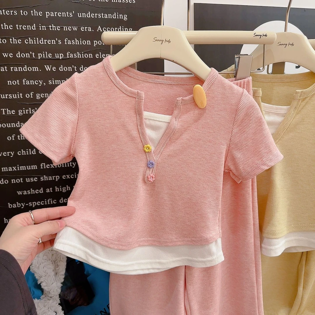 新款冰感夏日夏季薄款套装女童韩版冰丝甜美套装条纹针织两件套潮