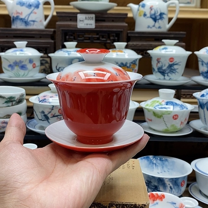 手绘龙船花盖碗160cc釉下彩微瑕福利款