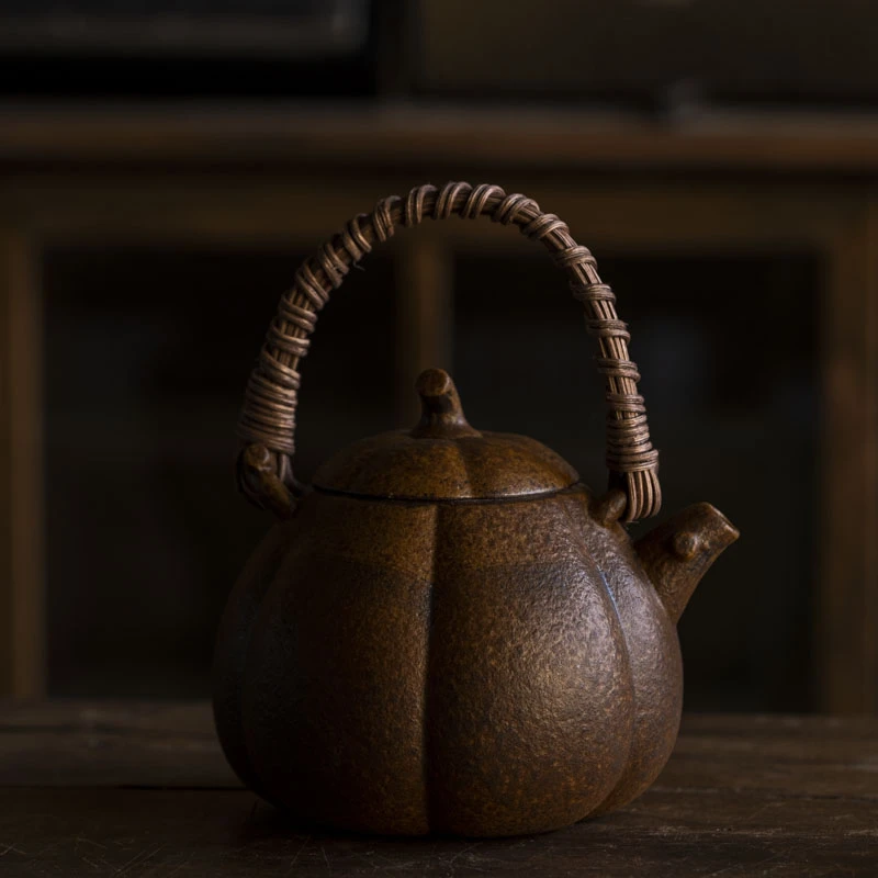 【坐饮亭竹】酱釉-灰念-南瓜提梁壶-满容420CC（Q0491）