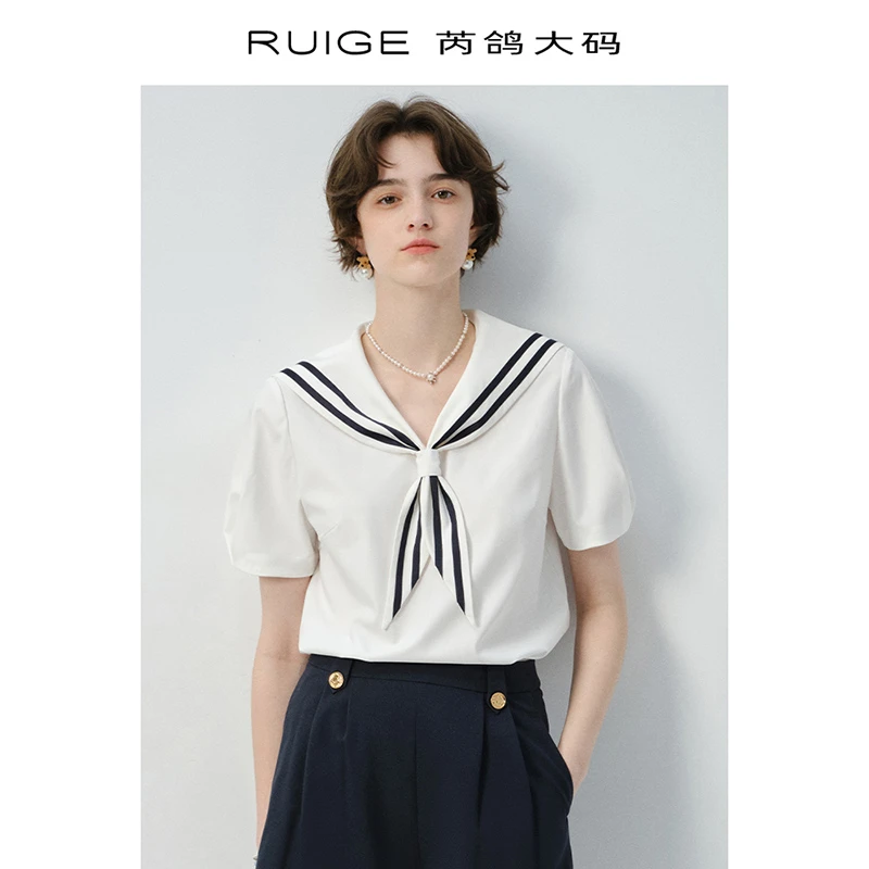 芮鸽微胖定制衬衫正肩短袖T恤海军领夏通勤胖mm上衣0285CX