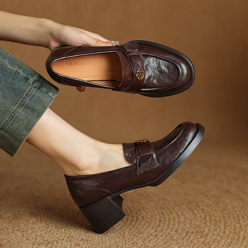 增高5.5cm真羊皮山茶花一脚蹬乐福鞋女复古小皮鞋通勤粗高跟单鞋