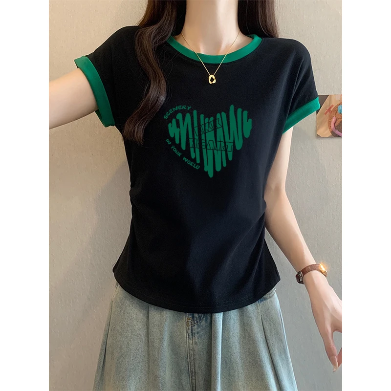 2025年新款拼色小飞袖正肩短袖t恤女下摆不规则修身显瘦上衣夏季