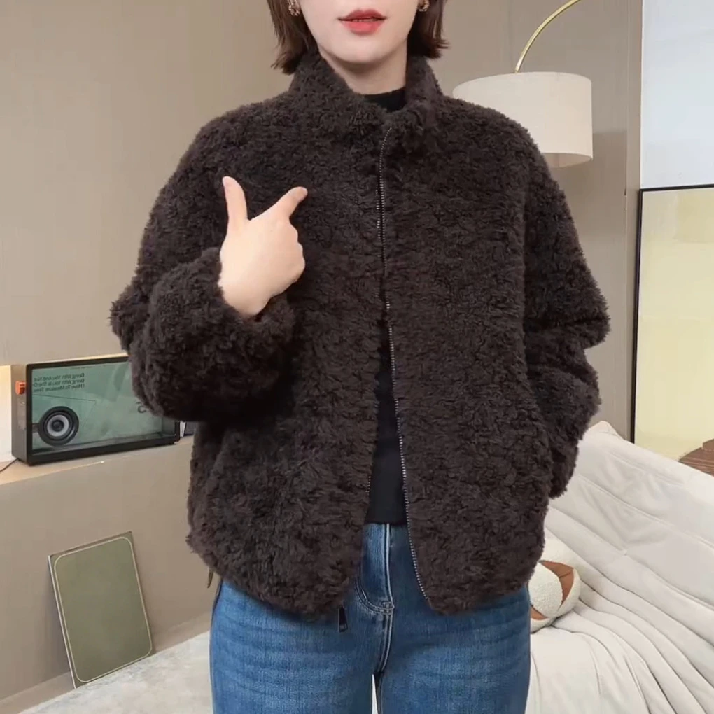 小香风独特超好看韩系纯色羊羔毛立领外套女2026新款秋冬季小个子