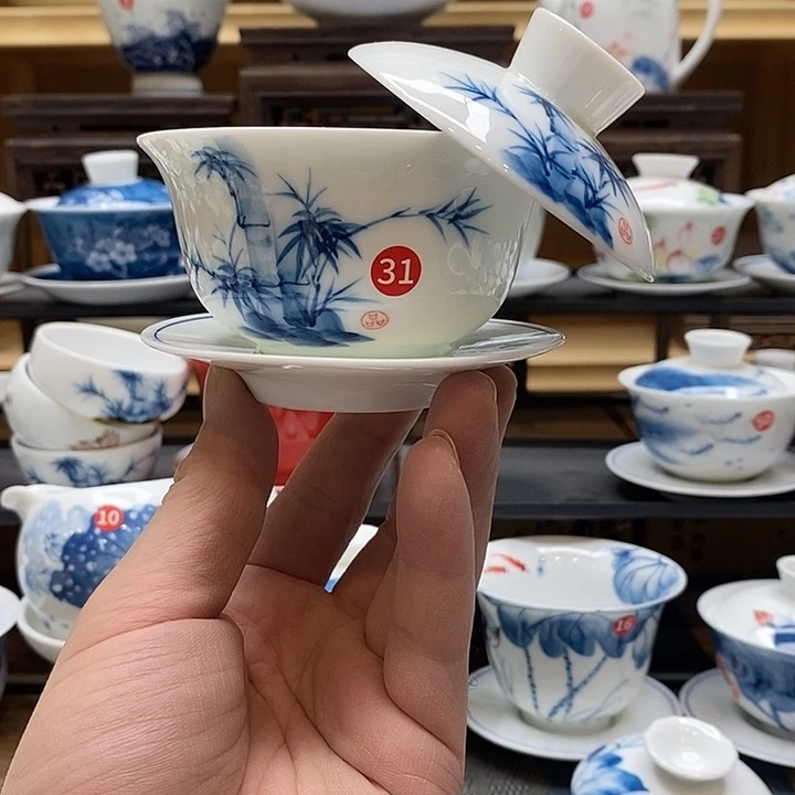 手绘微瑕竹子盖碗