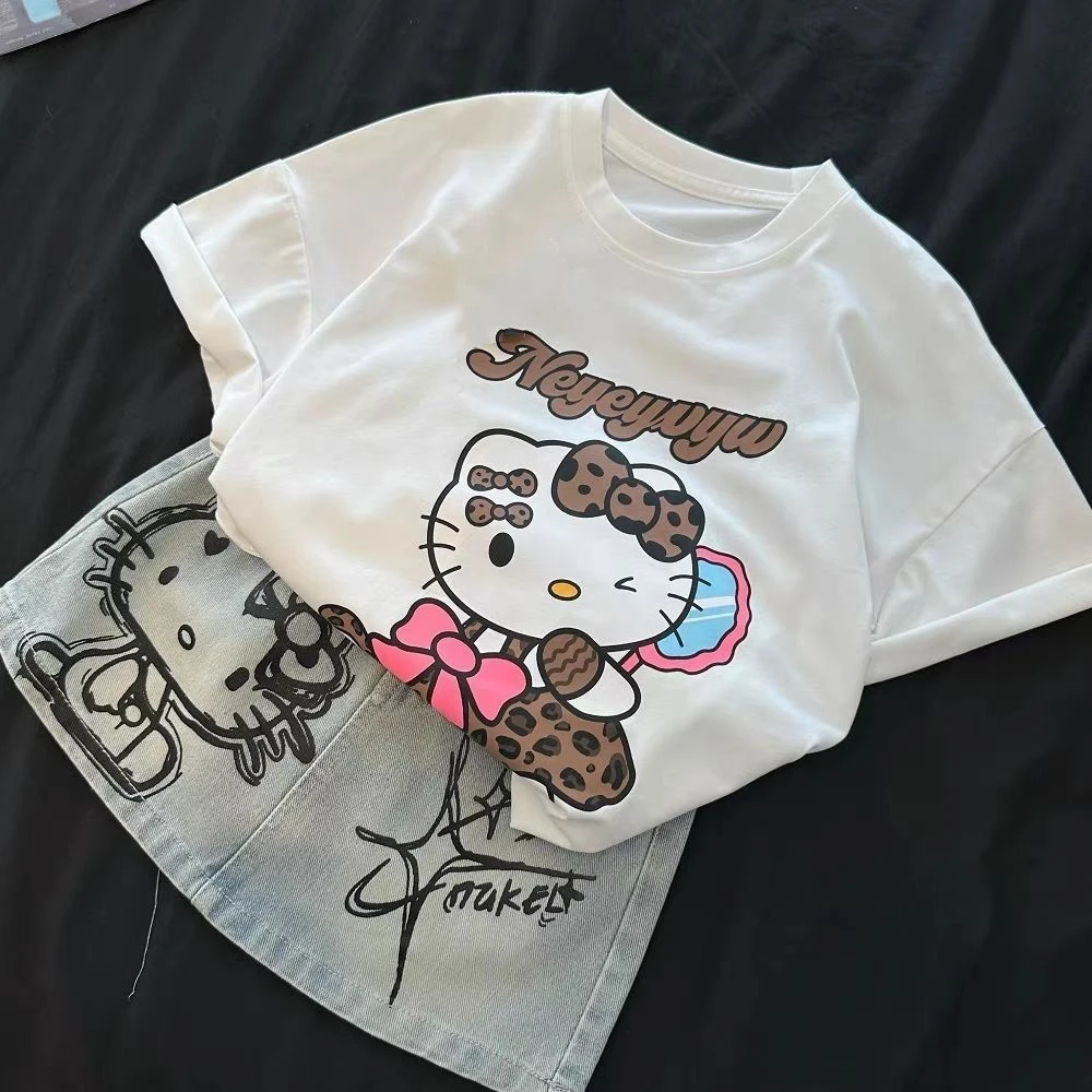 女童夏季薄款卡通印花套装女孩洋气短袖上衣+牛仔短裙两件套夏装