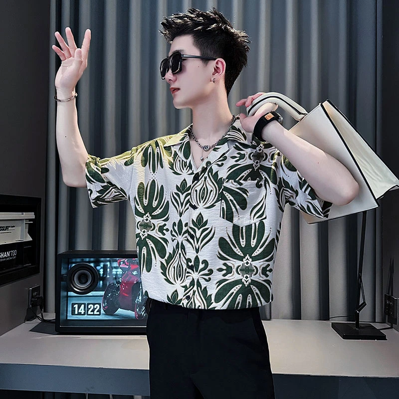 古巴领短袖印花衬衫男2025新款夏威夷痞帅休闲七分中袖衬衣薄款潮