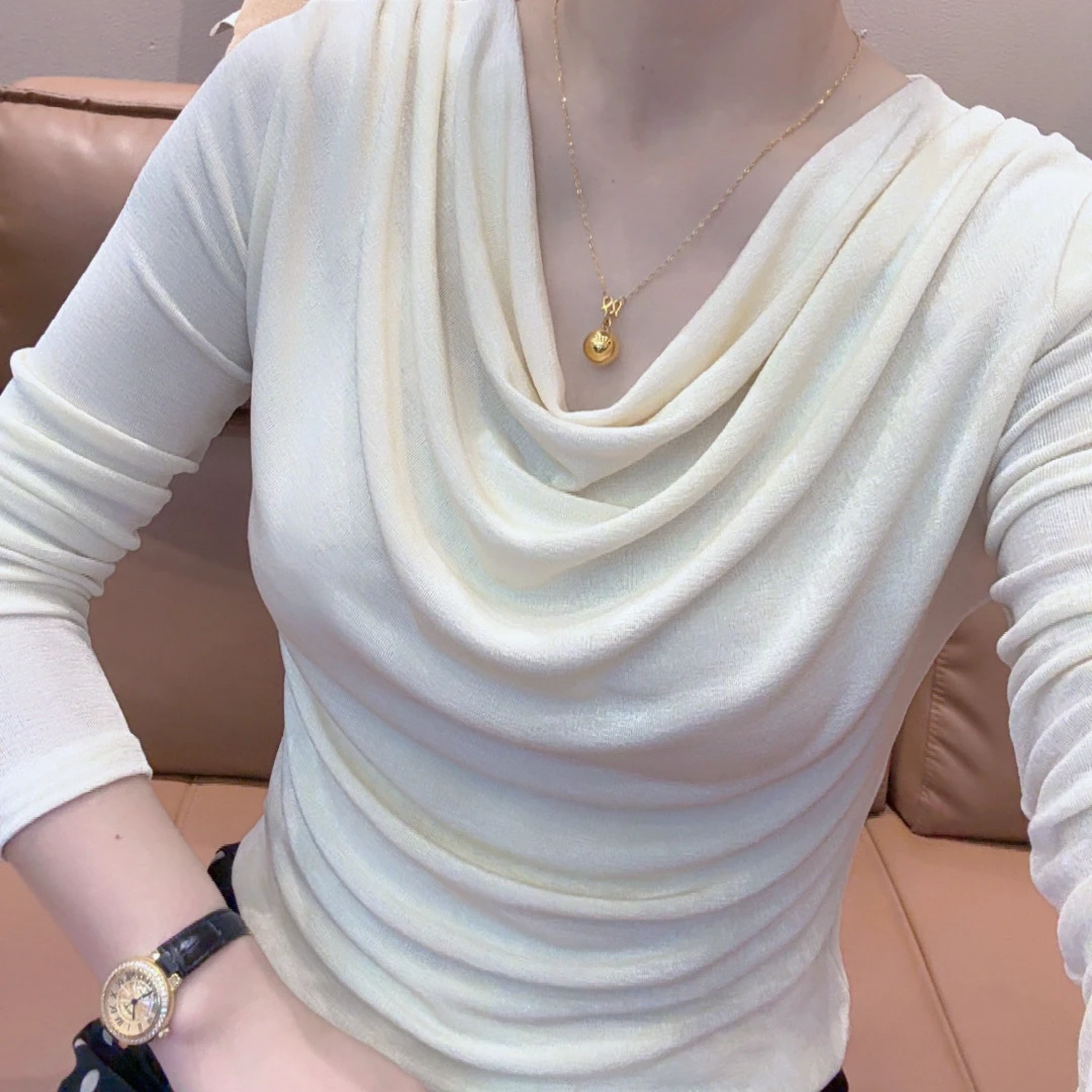 小敏家，秋冬新款褶皱荡领堆堆领洋气长袖T恤