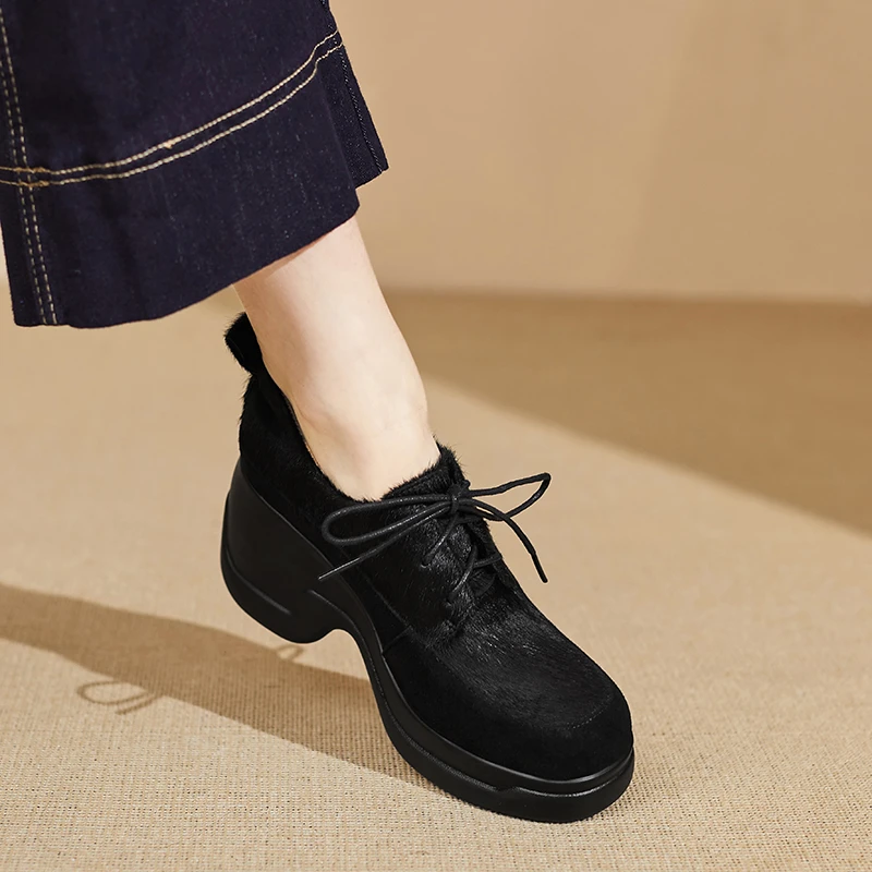 小个子手工女鞋7.5cm~拼接马毛深口系带厚底坡跟复古单鞋女高跟鞋