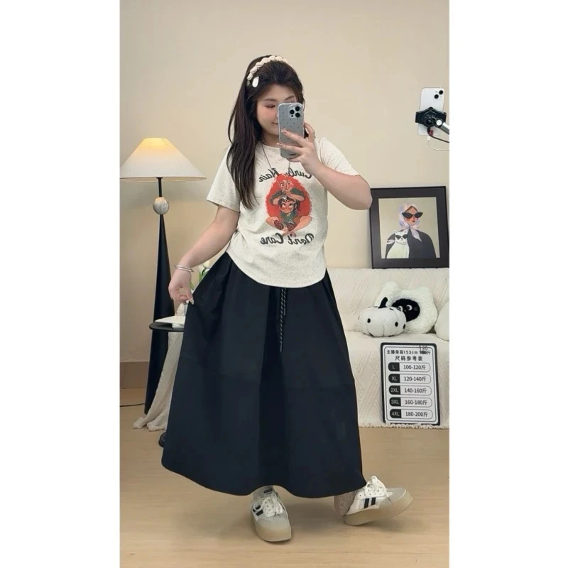 透气亲肤大码设计感字母印花短袖t恤褶皱显瘦圆领弹力减龄上衣女