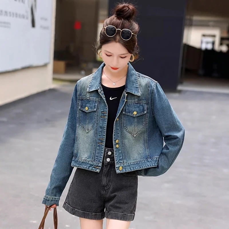 新款春秋小个子女士牛仔外套女短款修身显瘦复古休闲百搭夹克上衣