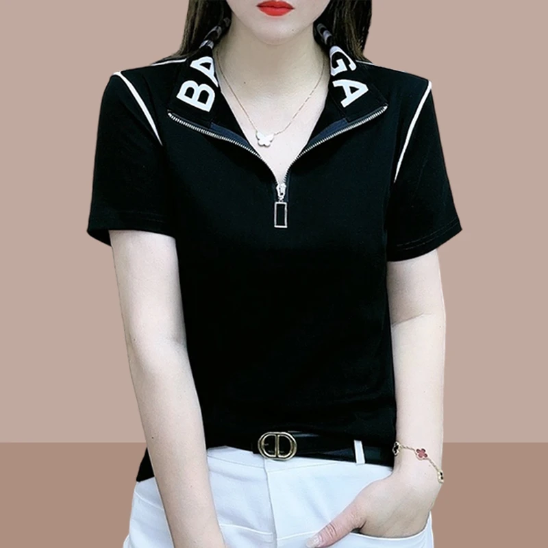 翻领短袖t恤女ins夏季新款女装洋气立领个性半拉链上衣服百搭体恤