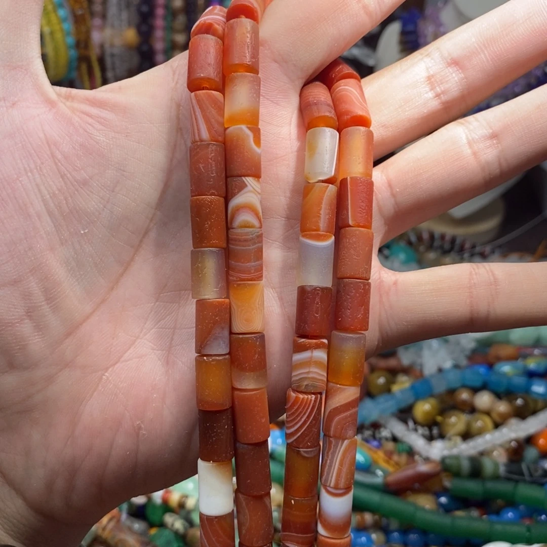 未镶嵌，橘皮缠丝玛瑙桶珠8×12mm，石英质玉