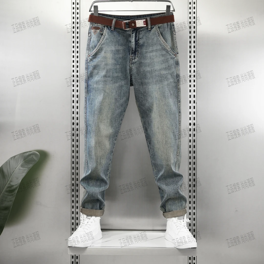 休闲牛仔裤重磅做旧浅蓝轻奢简约时尚痞帅潮牌百搭腰带牛仔裤男款