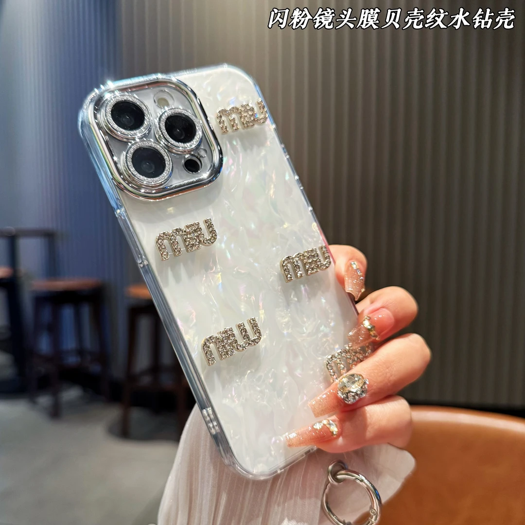适用苹果华为OPPO荣耀VIVO小米手机壳镜头膜贝壳纹硬壳镶钻挂绳