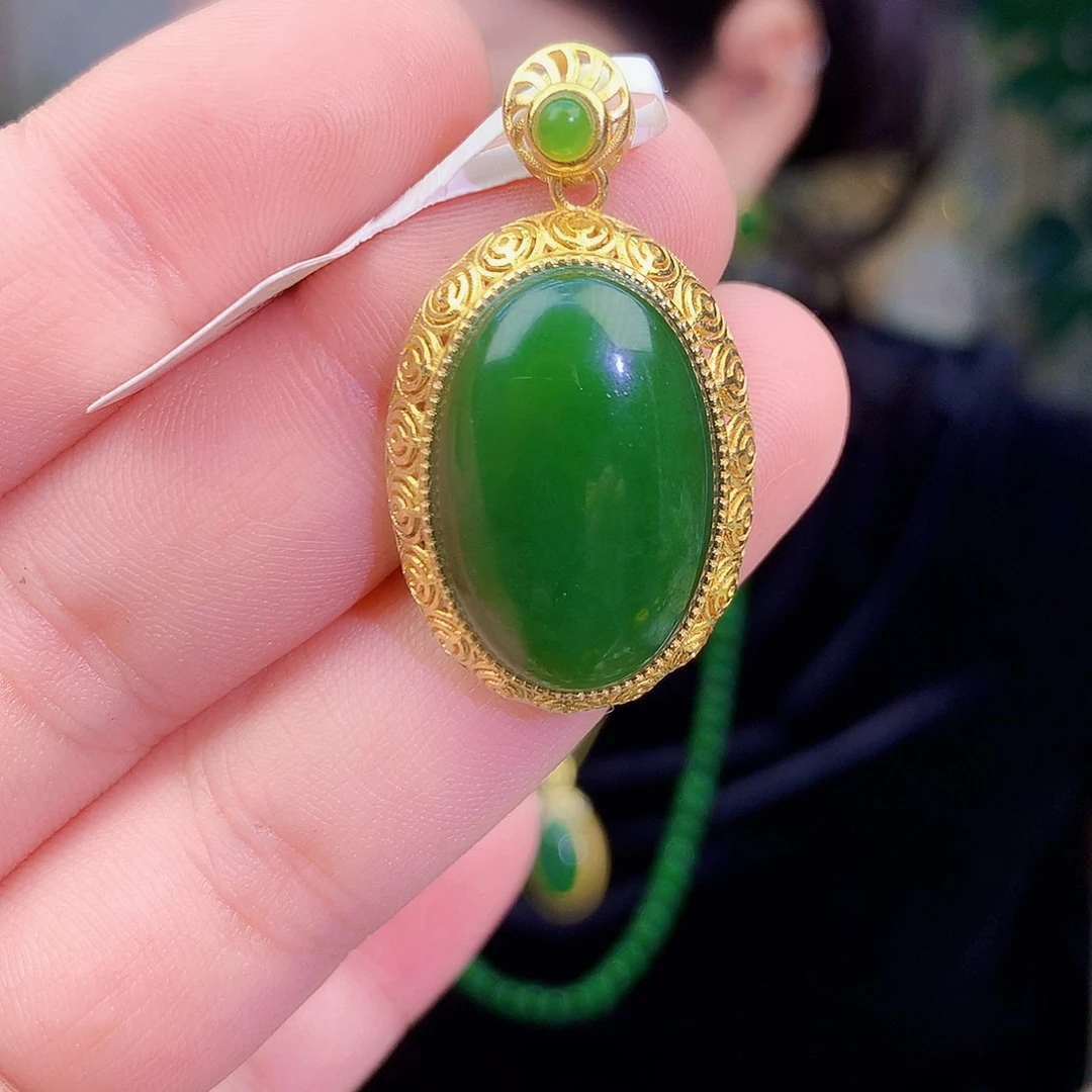 吊坠(不含链)银S925镶嵌和田玉（碧玉）吊坠