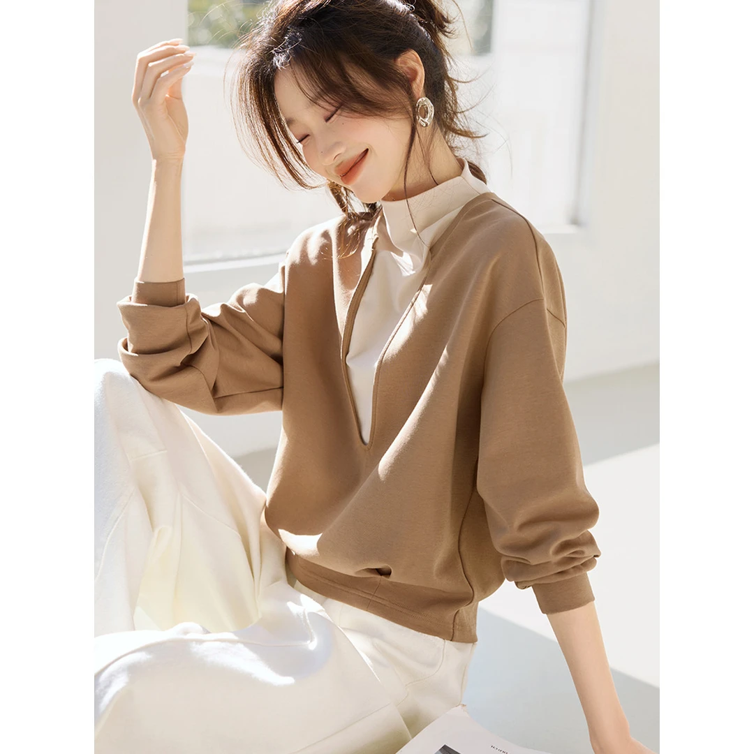 半高领卫衣女春秋2025新款休闲设计感拼接假两件上衣长袖时尚气质