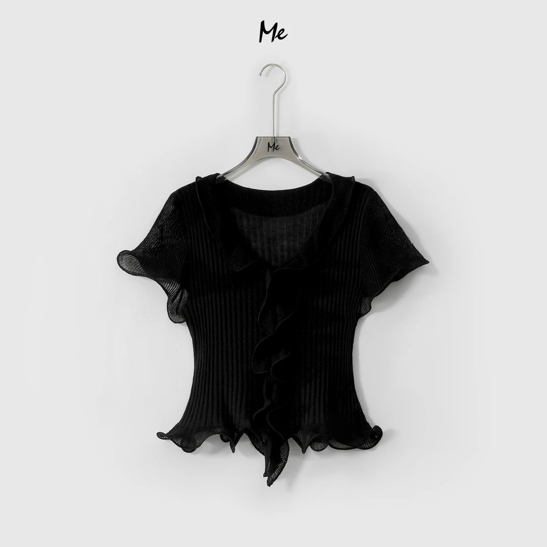 ME【荷叶衫】天丝亚麻混纺透气显瘦时尚百搭短袖针织衫MESS4910