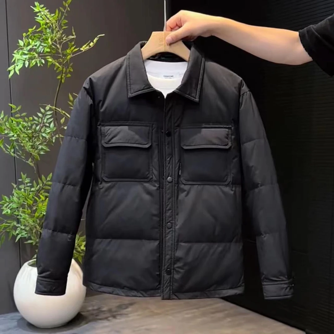 彪博薄羽绒服冬季韩版纯色简约翻领衬衫青年休闲短款白鸭绒外套