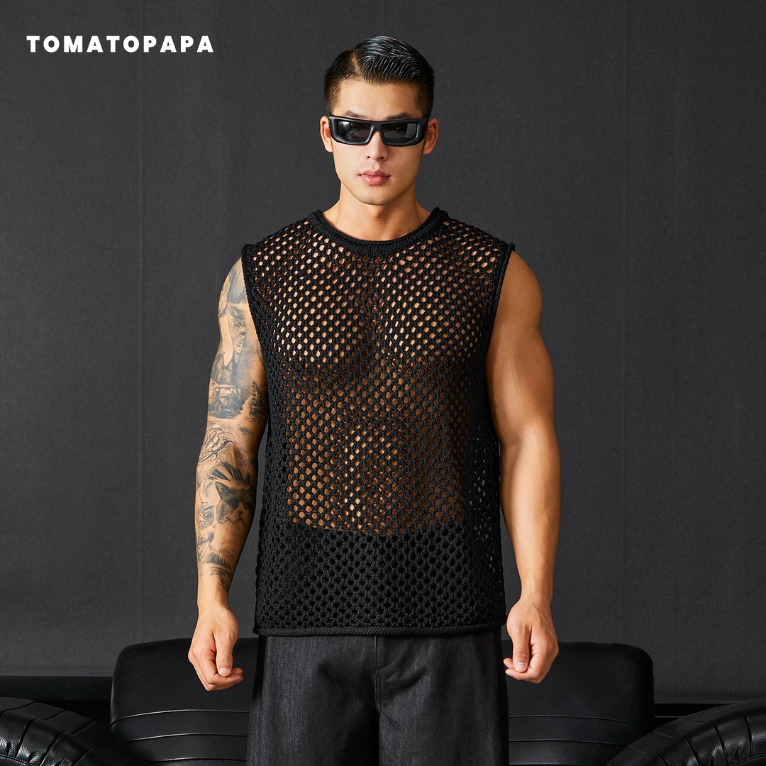 TOMATOPAPA男士背心镂空网眼性感运动健身高弹宽松针织套头无袖衫