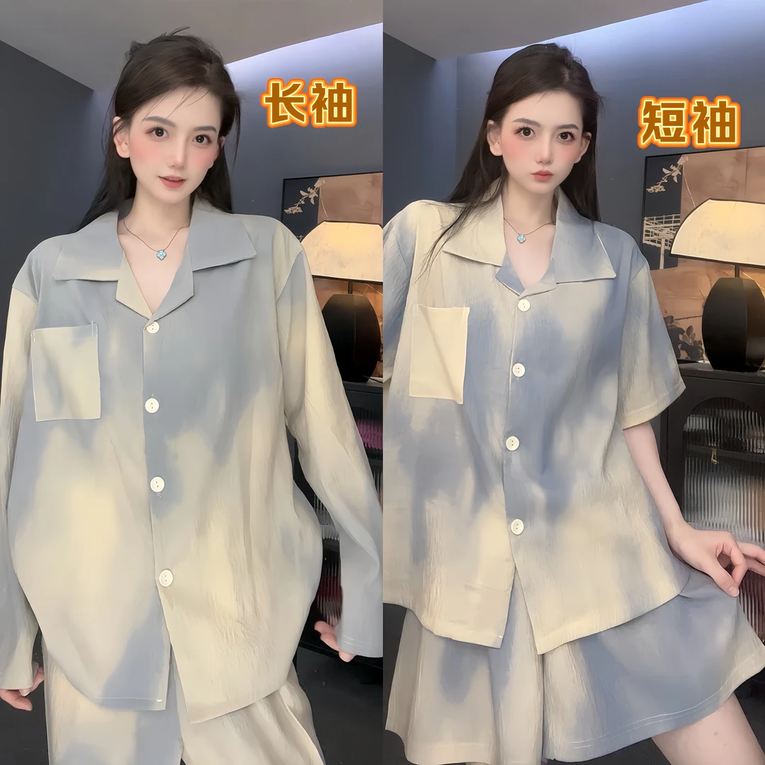 【青花瓷】情侣云朵棉卡通短袖睡衣套装女夏季薄款两件套可外穿家居