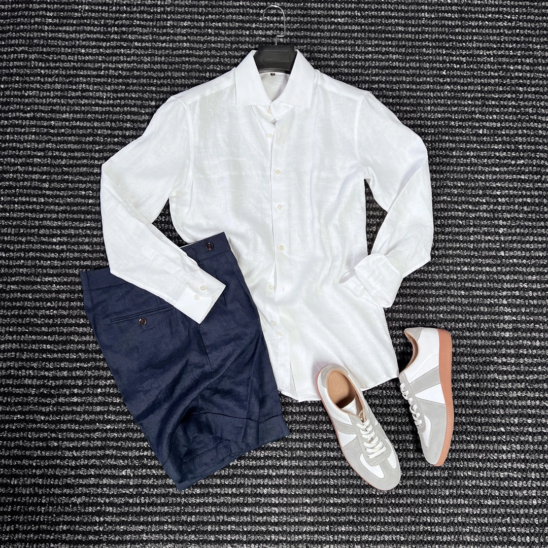 CssuGent设计美学那不勒斯老钱风100%亚麻衬衫男温莎领松弛感衬衣